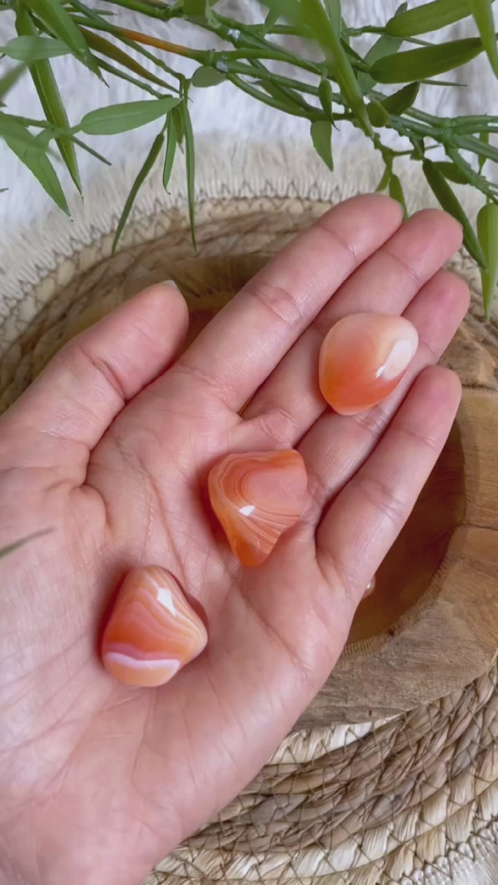 Der Aprikosen Achat in seinen unterschiedlichen Farbtönen und Formen hier im Video Beispiel.